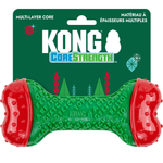 Kong Core Strength dog toy in green and red, attached to its dark green retail packaging card against a white background.