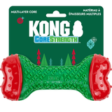 Kong Core Strength dog toy in green and red, attached to its dark green retail packaging card against a white background.