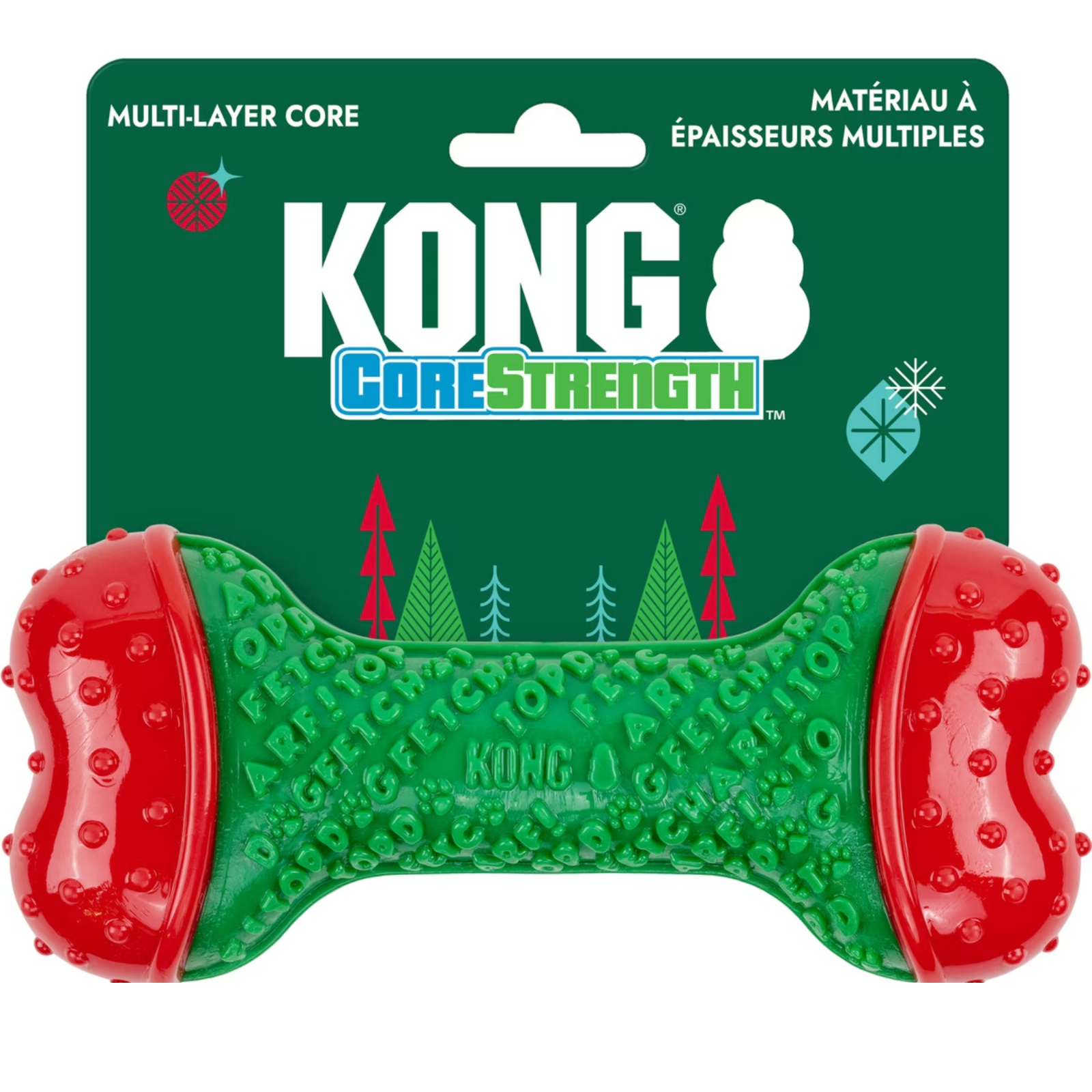 Kong Core Strength dog toy in green and red, attached to its dark green retail packaging card against a white background.