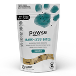 A 4 oz stand-up pouch of Pawse Barkless Bites for rabbits, featuring a white package with teal paw prints and text, and a clear window showing the freeze-dried treat pieces inside.