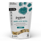 A 4 oz stand-up pouch of Pawse Barkless Bites for rabbits, featuring a white package with teal paw prints and text, and a clear window showing the freeze-dried treat pieces inside.