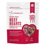 A 3.5 oz bag of smallbatchpets Freeze-Dried Beef Hearts single ingredient treats for dogs and cats, featuring a white and dark red package design with a heart-shaped window showing the beef heart pieces inside.