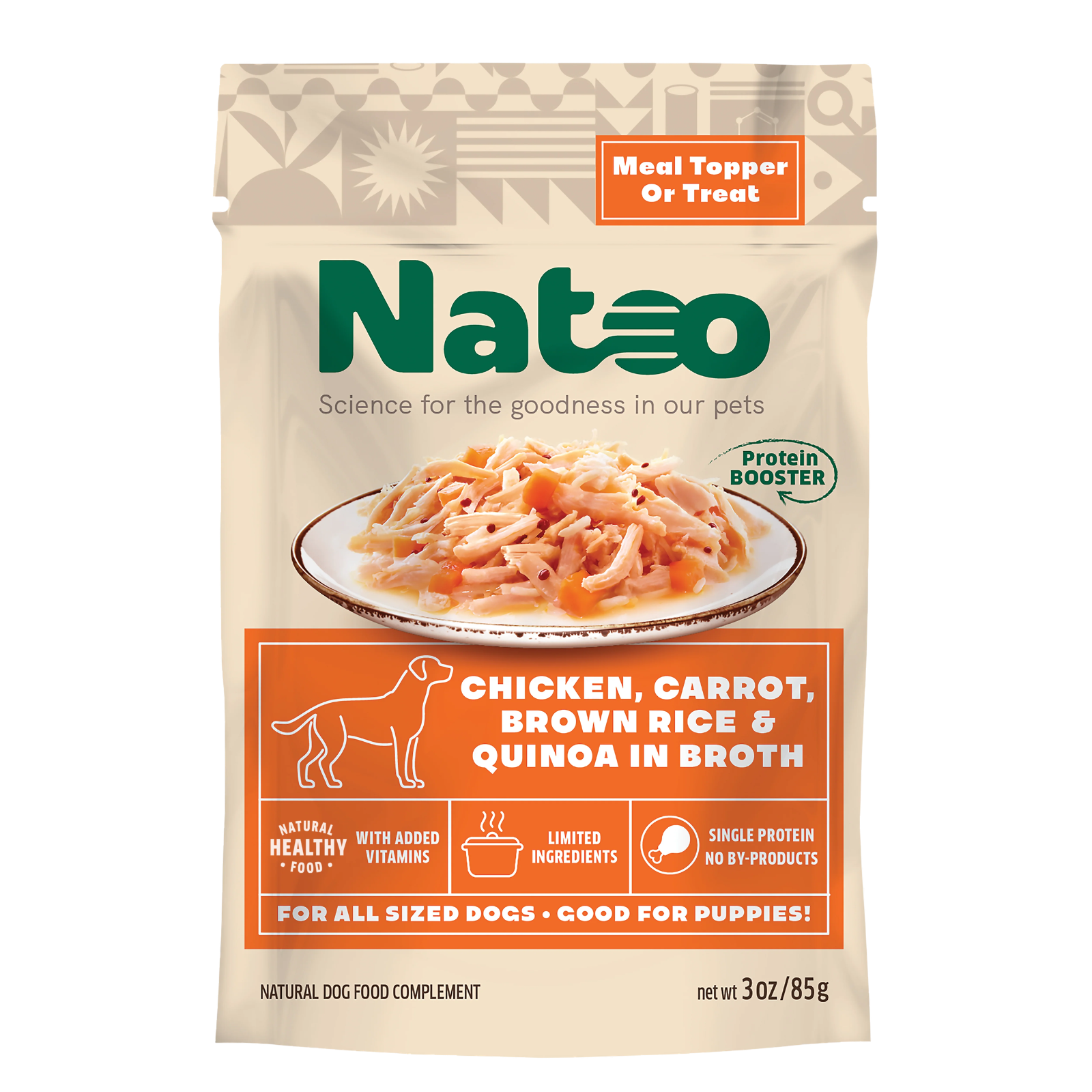 Nateo dog food complement pouch in Chicken, Carrot, Brown Rice & Quinoa in Broth flavor, 3 oz / 85g. The packaging is beige with green and orange branding, featuring a photo of the prepared food on a white plate.