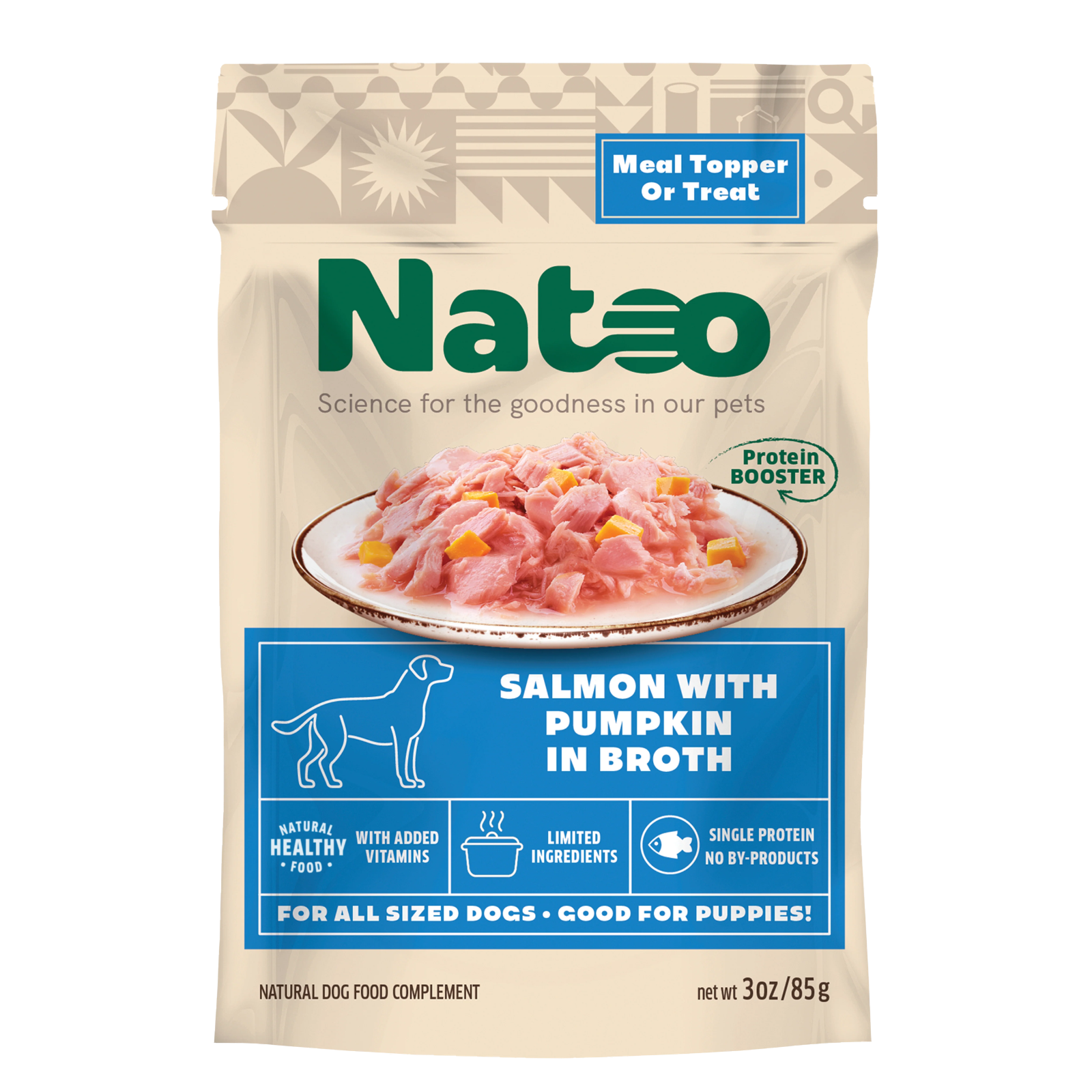 Nateo Salmon with Pumpkin in Broth dog food complement in a 3 oz bag, featuring a beige background with a blue panel and a photo of raw salmon on a plate.