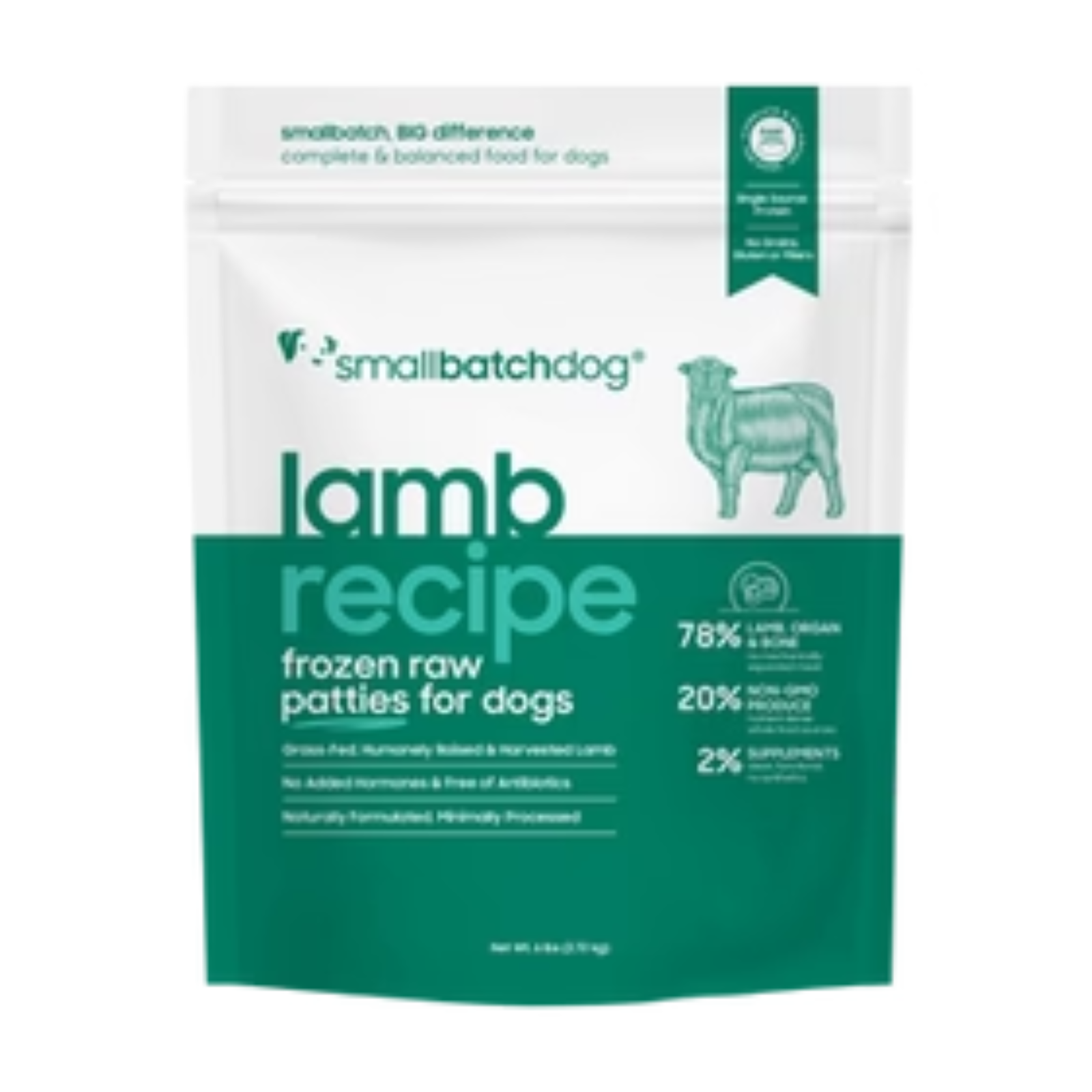 A stand-up pouch of Small Batch Dog lamb recipe frozen raw patties for dogs, featuring a white and green design with a sheep illustration.
