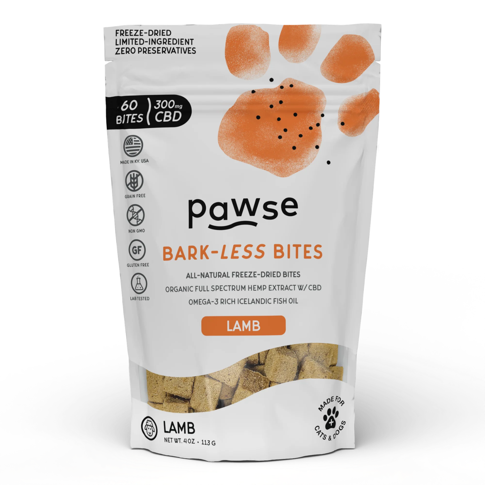A stand-up pouch of Pawse Bark-Less Bites Lamb CBD freeze-dried dog treats on a clean white background. The packaging is white with a large orange paw print, black text, and a clear window at the bottom showing the beige freeze-dried treats inside.