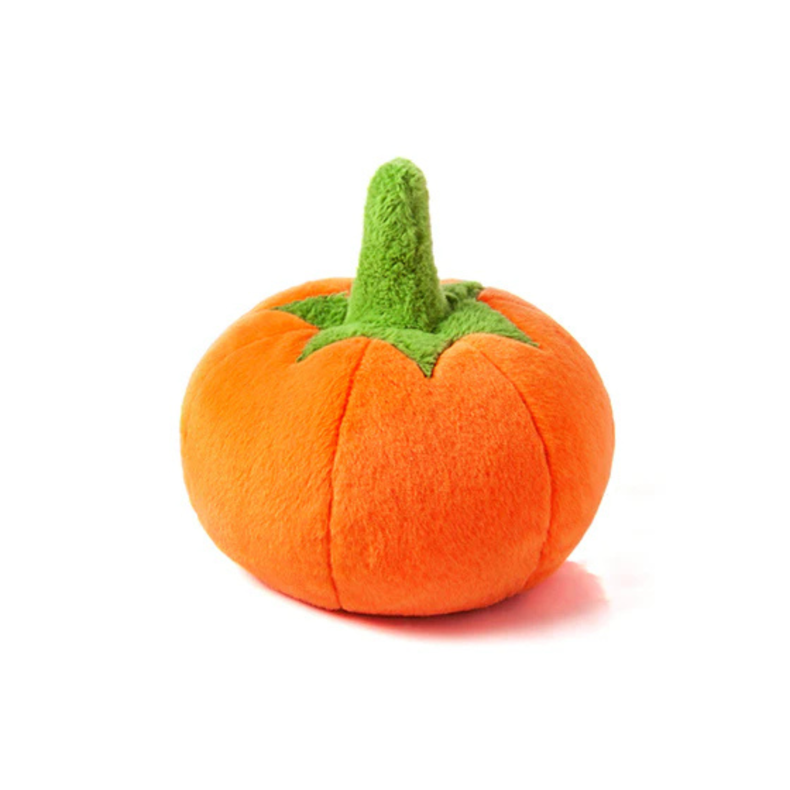 Plush pumpkin toy with green stem on a white background