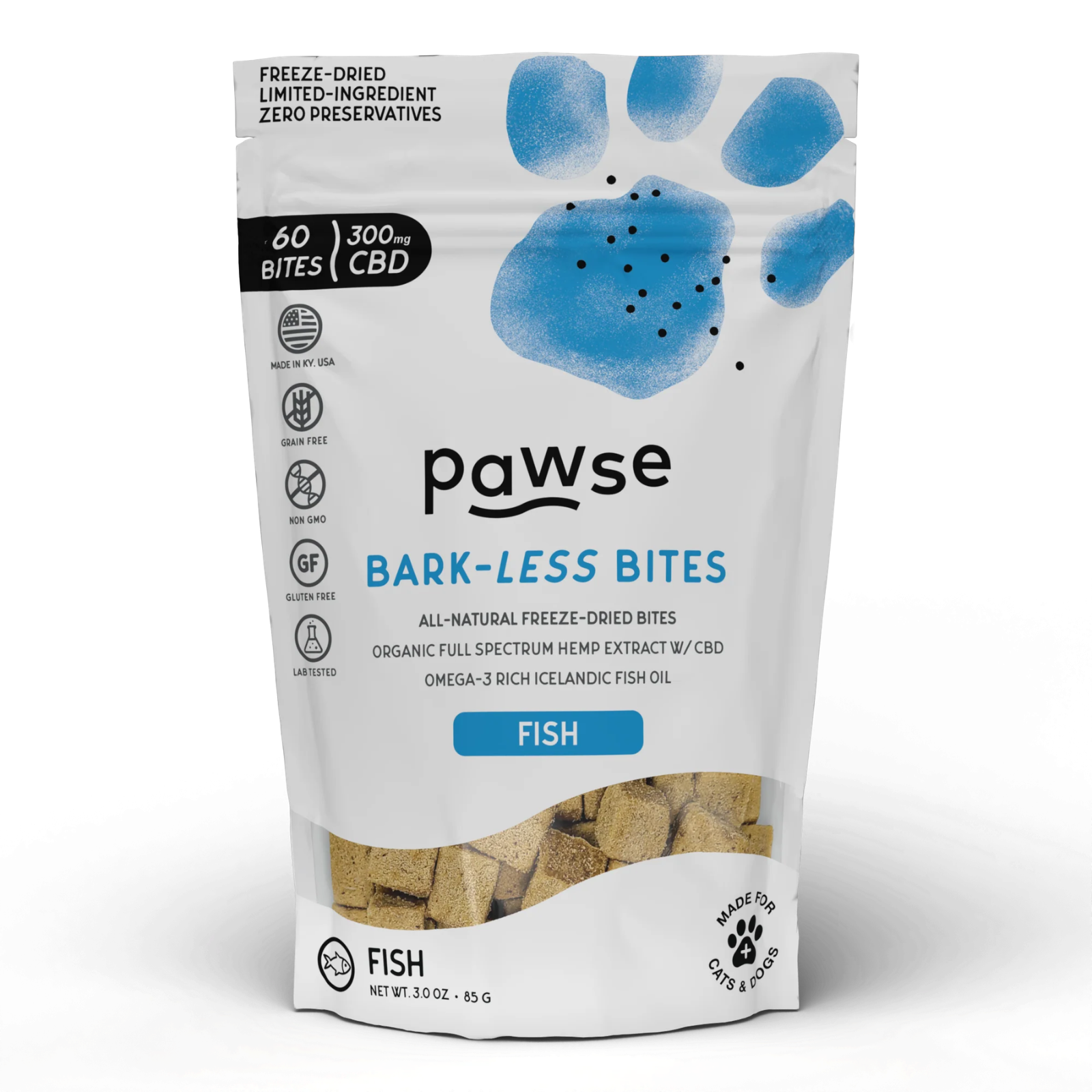 A 3.5 oz stand-up pouch of Pawse Bark-Less Bites Fish in CBD oil, featuring a white background with a blue paw print and a clear window showing the fish treats inside.