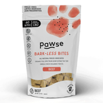 A stand-up pouch of Pawse Bark-Less Bites Beef freeze-dried pet treats with CBD, featuring a white background with a coral paw print and a clear window showing the beige treats inside.