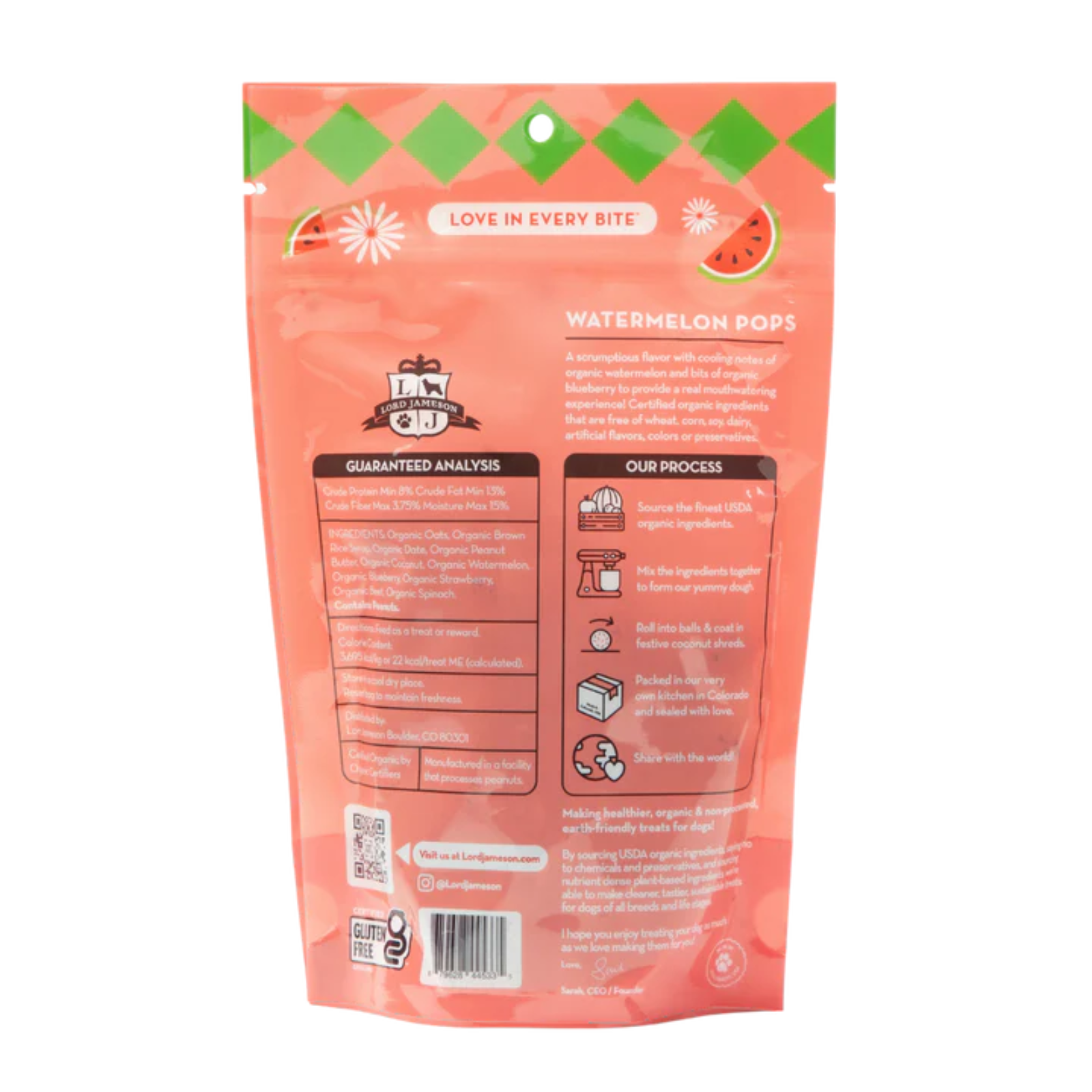 The back of a pink and green bag of Watermelon Pops by the brand L.A.