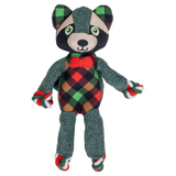 A plush raccoon dog toy with a dark green textured body, a red, green, and brown plaid vest, a red bow tie, and red and green striped paws and feet, shown against a plain white background.