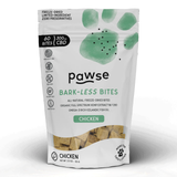 A 3 oz stand-up pouch of Pawse Barkless Bites Chicken CBD freeze-dried dog treats, featuring a white package with a green paw print and a clear window showing the treats inside.