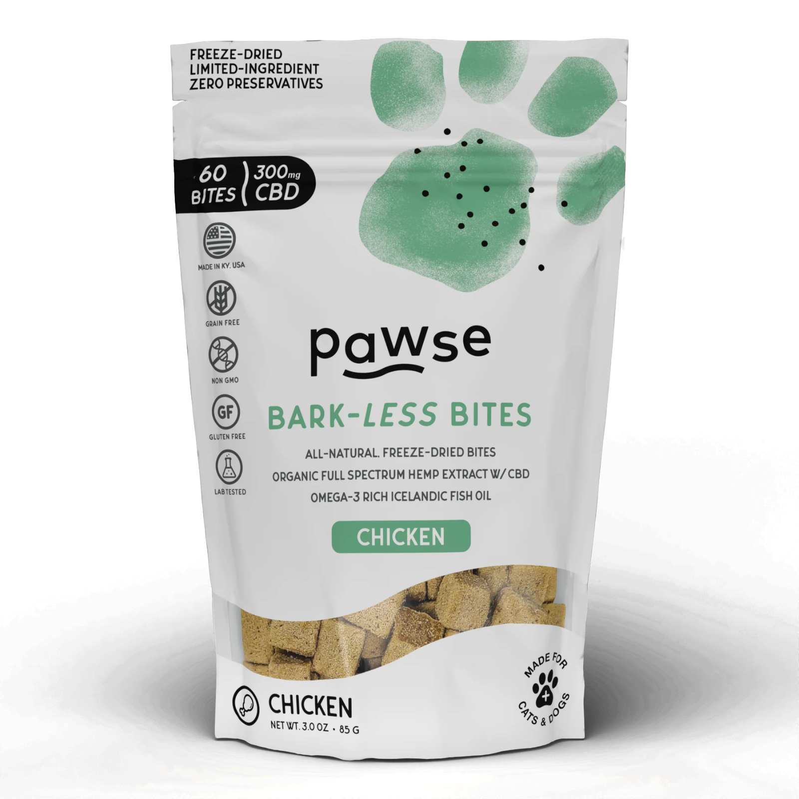 A 3 oz stand-up pouch of Pawse Barkless Bites Chicken CBD freeze-dried dog treats, featuring a white package with a green paw print and a clear window showing the treats inside.