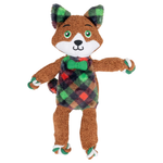 A plush toy fox wearing a brown knit body, green and red plaid vest, green bow tie, and green-and-white striped paws, shown on a plain white background.