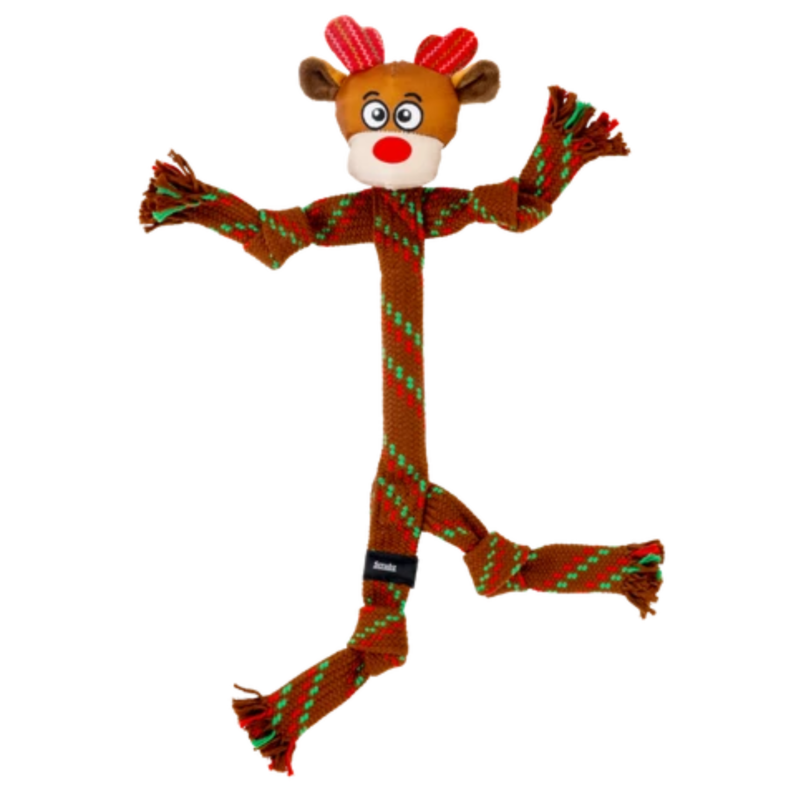 Dog toy shaped like a reindeer with a scarf on a white background