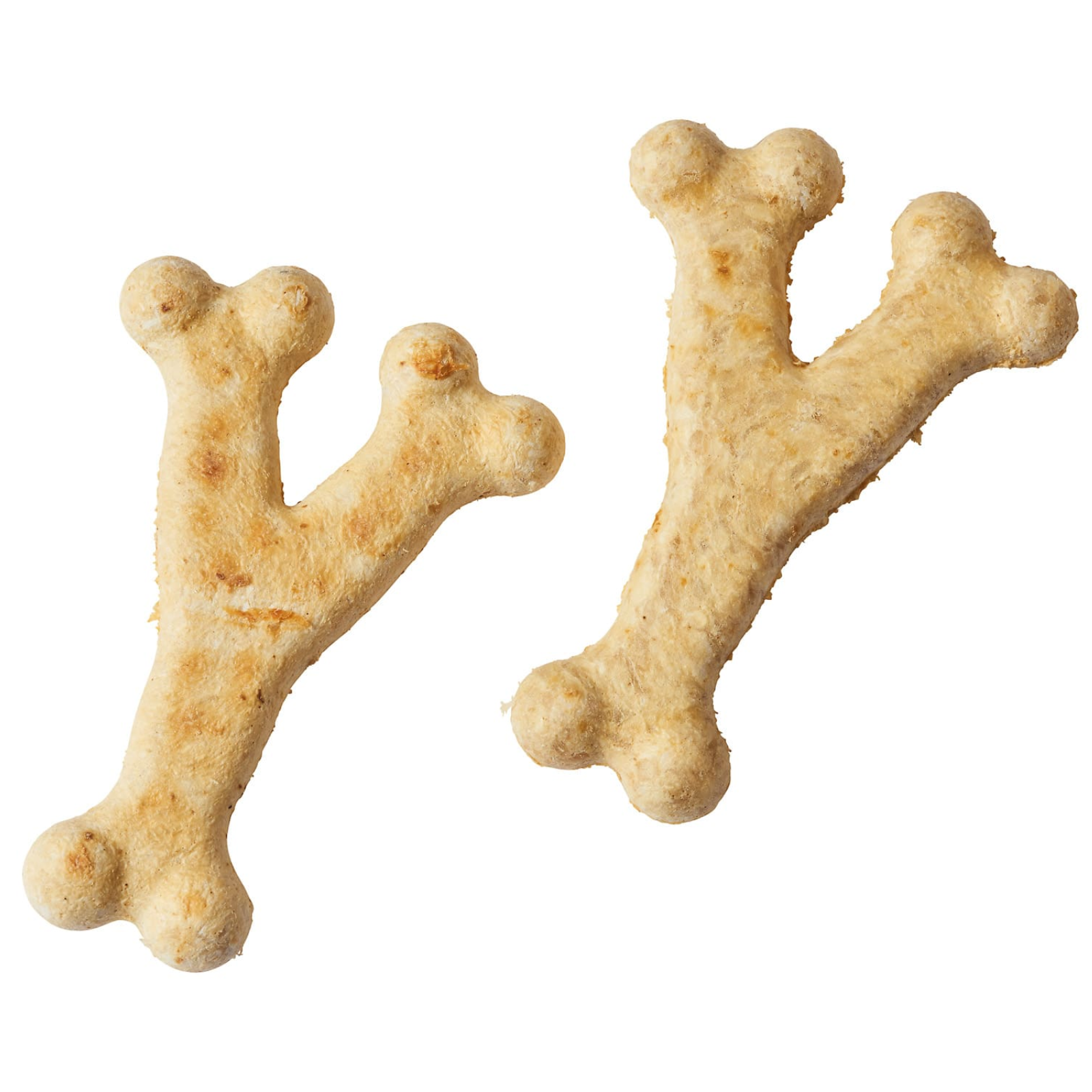 Two bone-shaped dog treats in a light tan color, displayed on a solid white background.