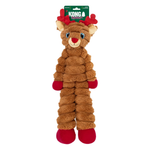 A KONG Natural rubber dog toy shaped like a reindeer, featuring a brown fuzzy body, red antlers, red paws, and red hooves, with its green retail header card attached at the top.