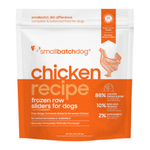 A 3 lb bag of Small Batch Dog chicken recipe frozen raw sliders for dogs, featuring a white and orange package design with a chicken illustration.
