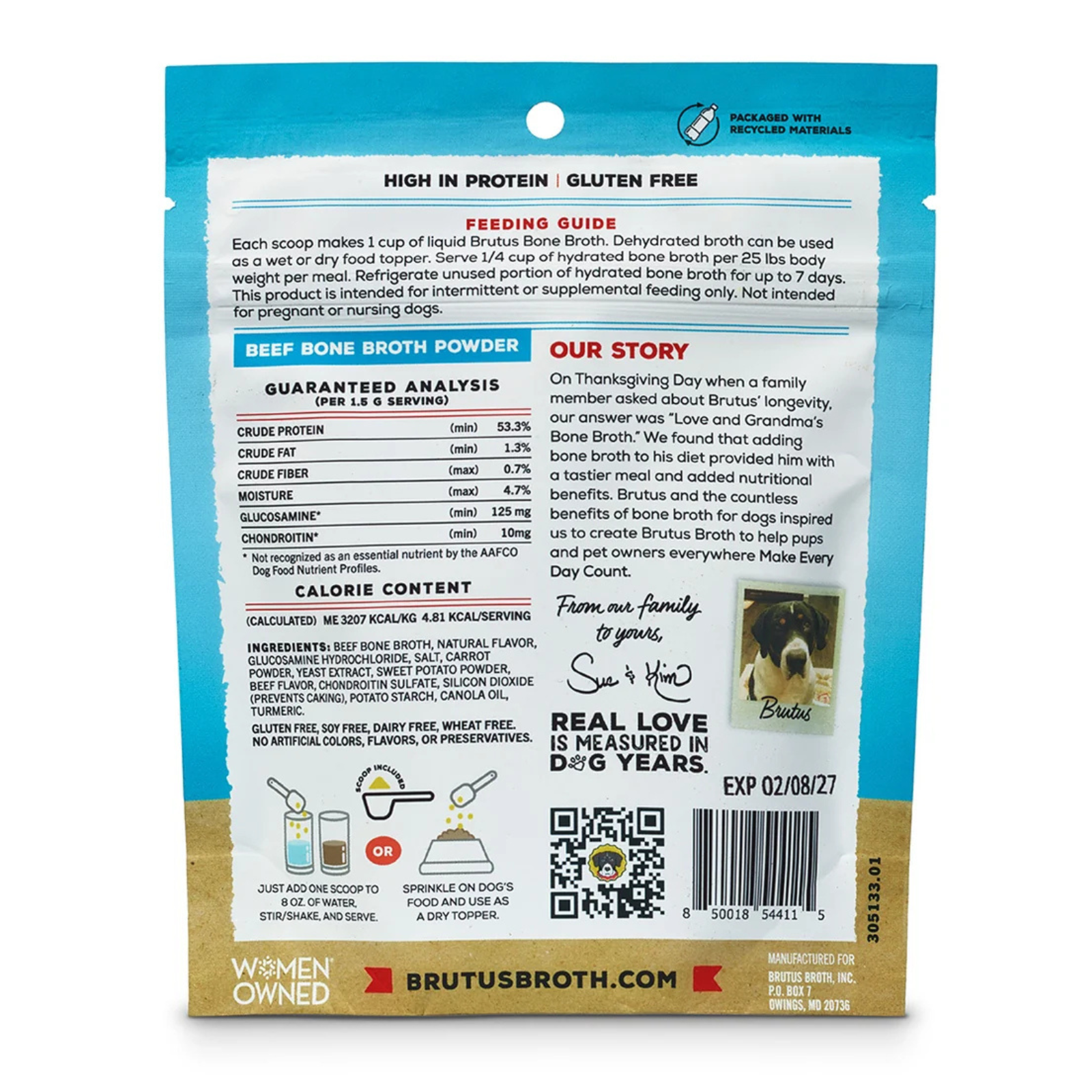 Back of a BrutusBroth beef bone broth powder bag with product information, feeding guide, ingredients, and a barcode on a white background.