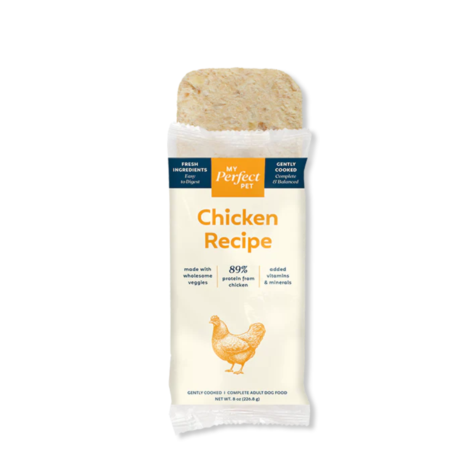 A single packaged pet food bar labeled 'The Perfect Pet' 'Chicken Recipe' on a plain white background. The package is mostly white with orange and navy text blocks and a small chicken illustration near the bottom.