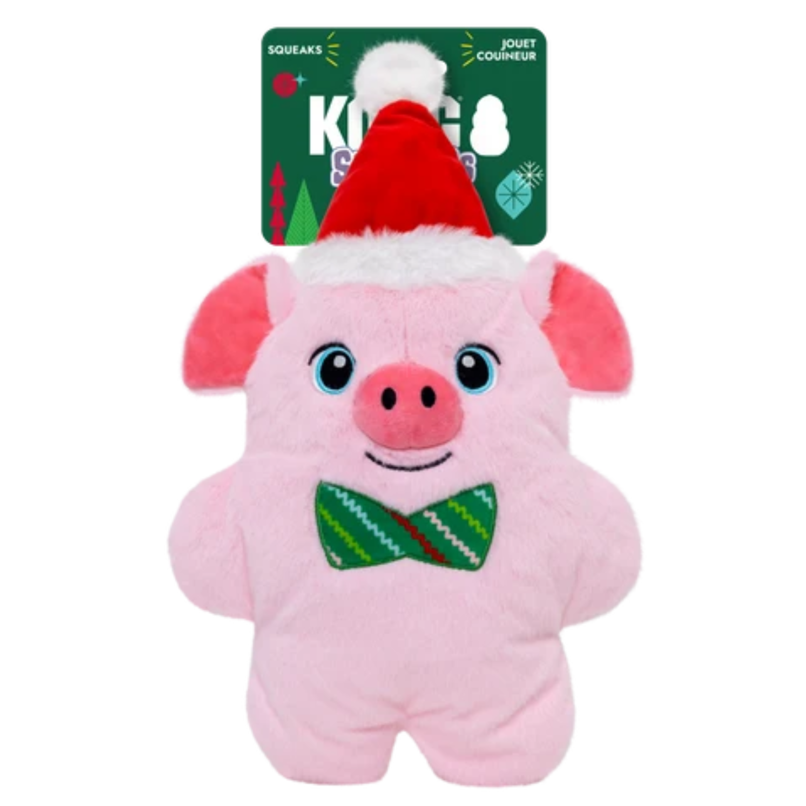 A pink plush pig toy with a red Santa hat and green bow tie, attached to a green Kong brand hangtag, on a plain white background.