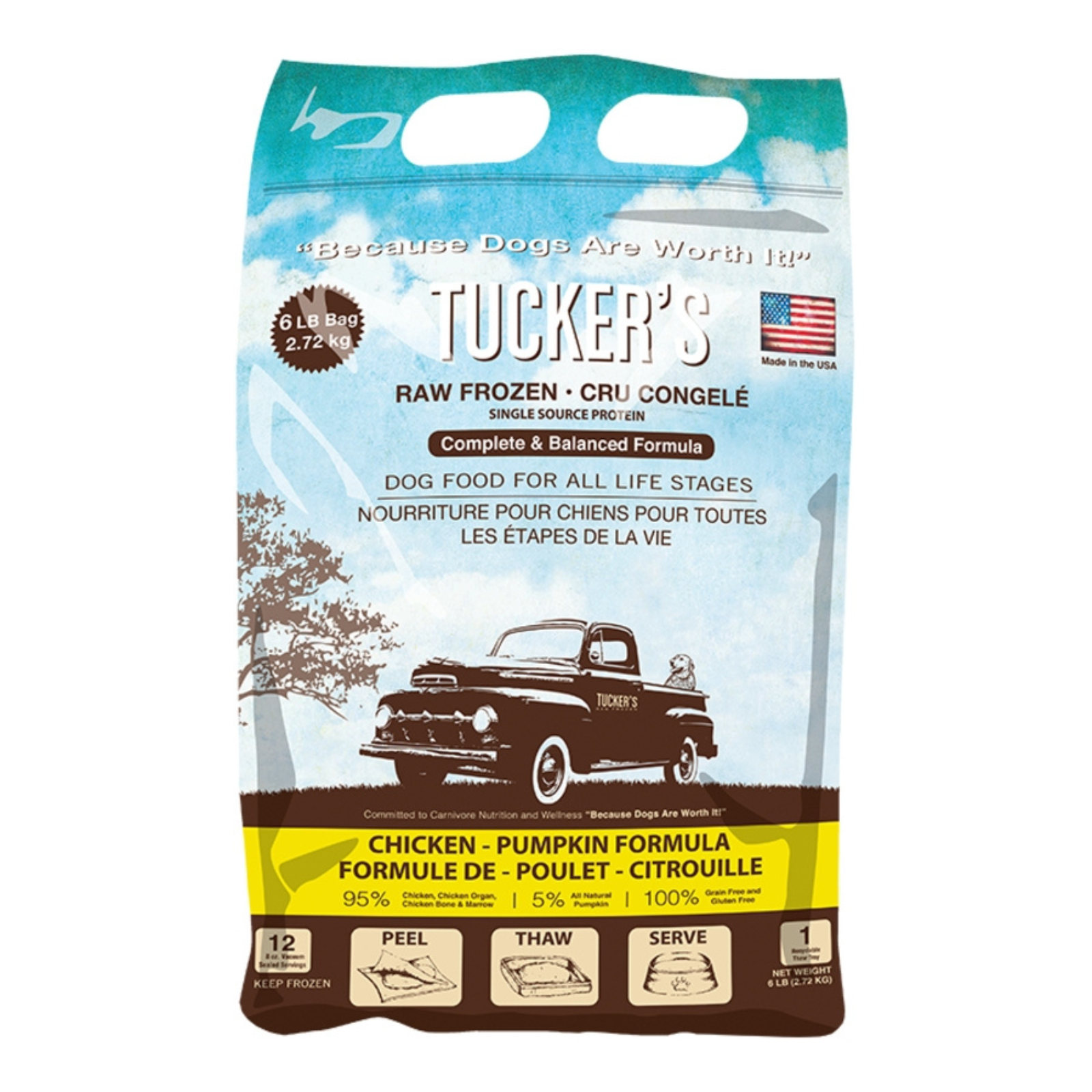 Tucker's raw frozen dog food package with a vintage truck illustration on a white background