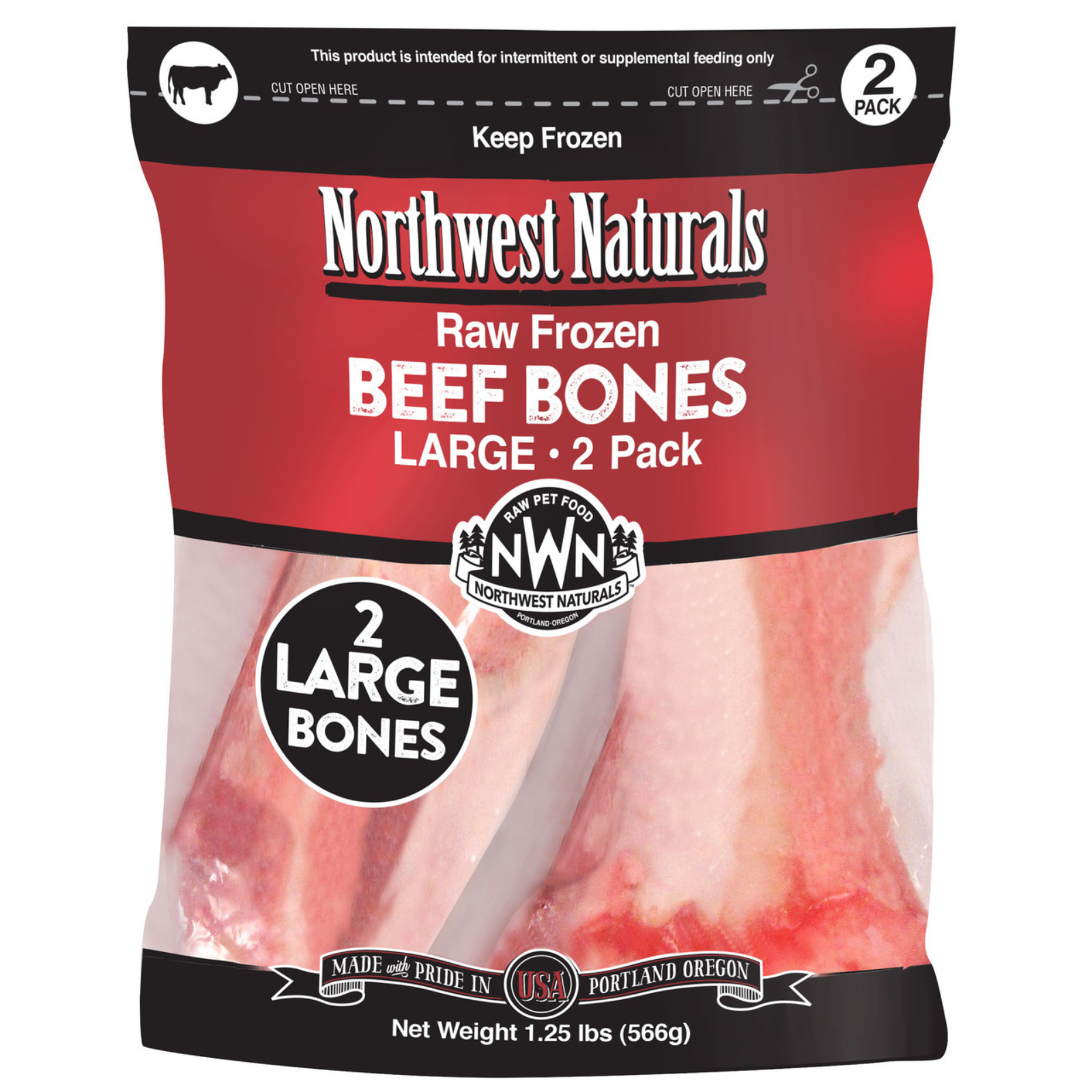 Package of Northwest Naturals Raw Frozen Beef Bones for pets, showing two large bones inside.