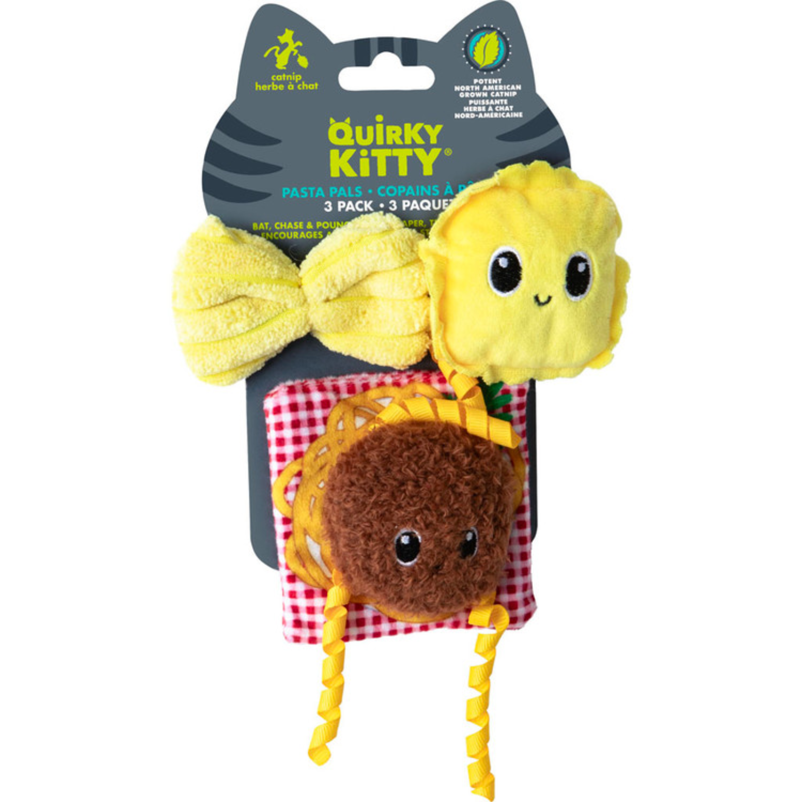 Quirky Kitty 3-pack cat toys in their original blister card packaging, featuring a yellow bow, a yellow sun, and a brown coconut-shaped toy with yellow rope legs.