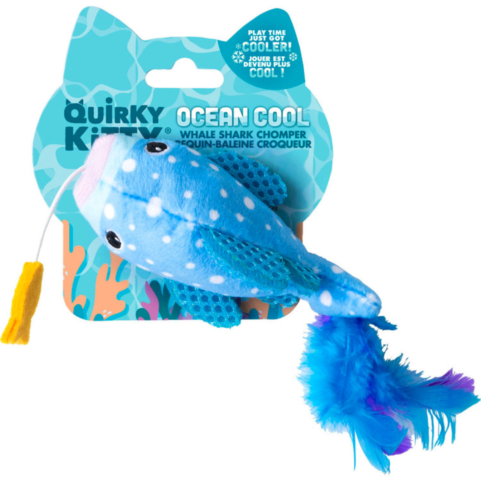 A blue whale shark plush cat toy with white spots, attached to a colorful retail card. The toy includes a yellow tug-tow string with a yellow tug toy and a blue and purple fluffy tail.