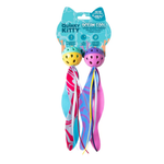 Colorful cat toy with streamers and 'Quirky Kitty' packaging on a white background