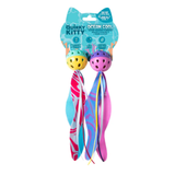 Colorful cat toy with streamers and 'Quirky Kitty' packaging on a white background