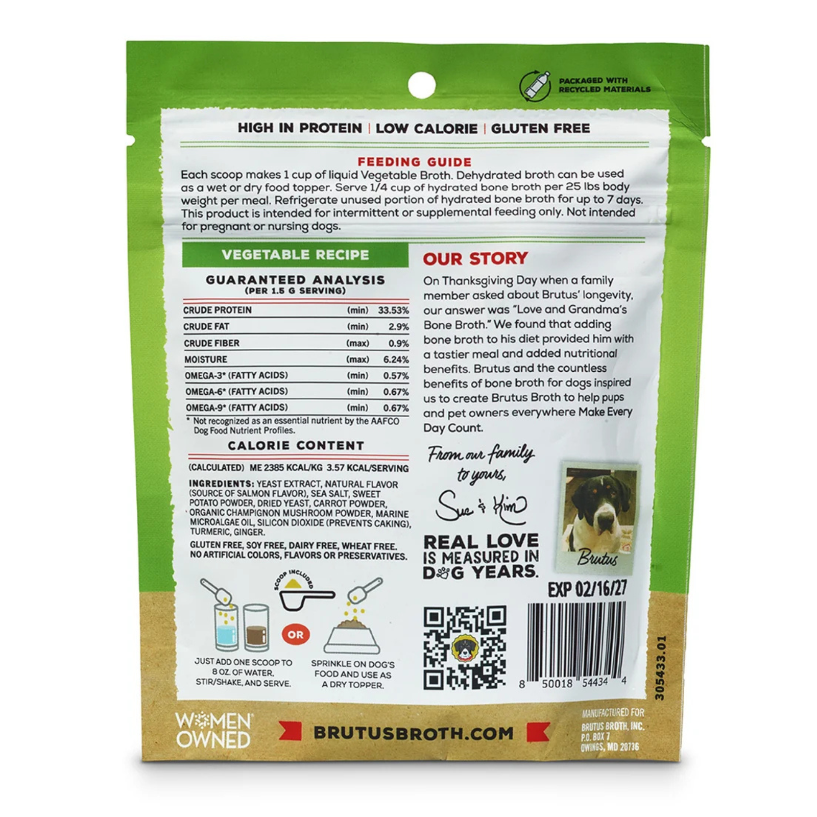 Back view of a Brutus Broth dog supplement pouch showing detailed nutrition facts, feeding guide, vegetable recipes, customer testimonials, and a barcode on a white background.