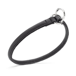 A black leather collar with silver-tone metal hardware, including a ring and D-ring, shown on a clean white background.