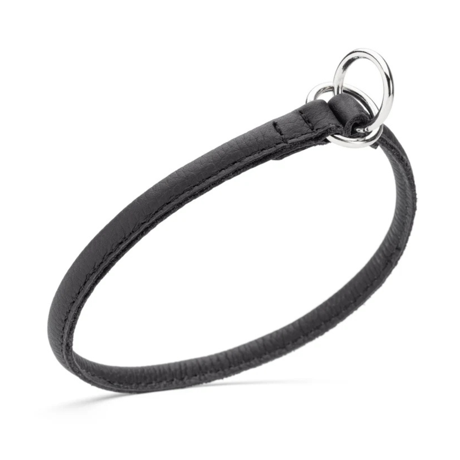 A black leather collar with silver-tone metal hardware, including a ring and D-ring, shown on a clean white background.