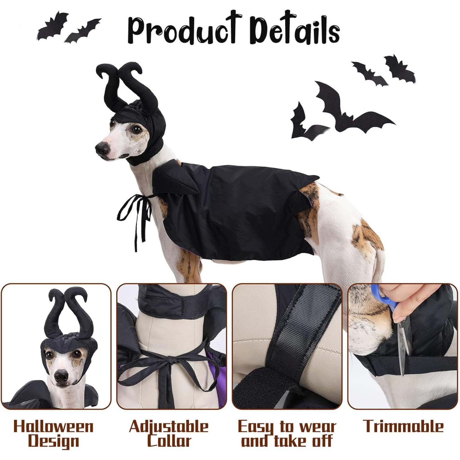 Dog in a black Halloween costume with adjustable collar, easy to wear and take off features.