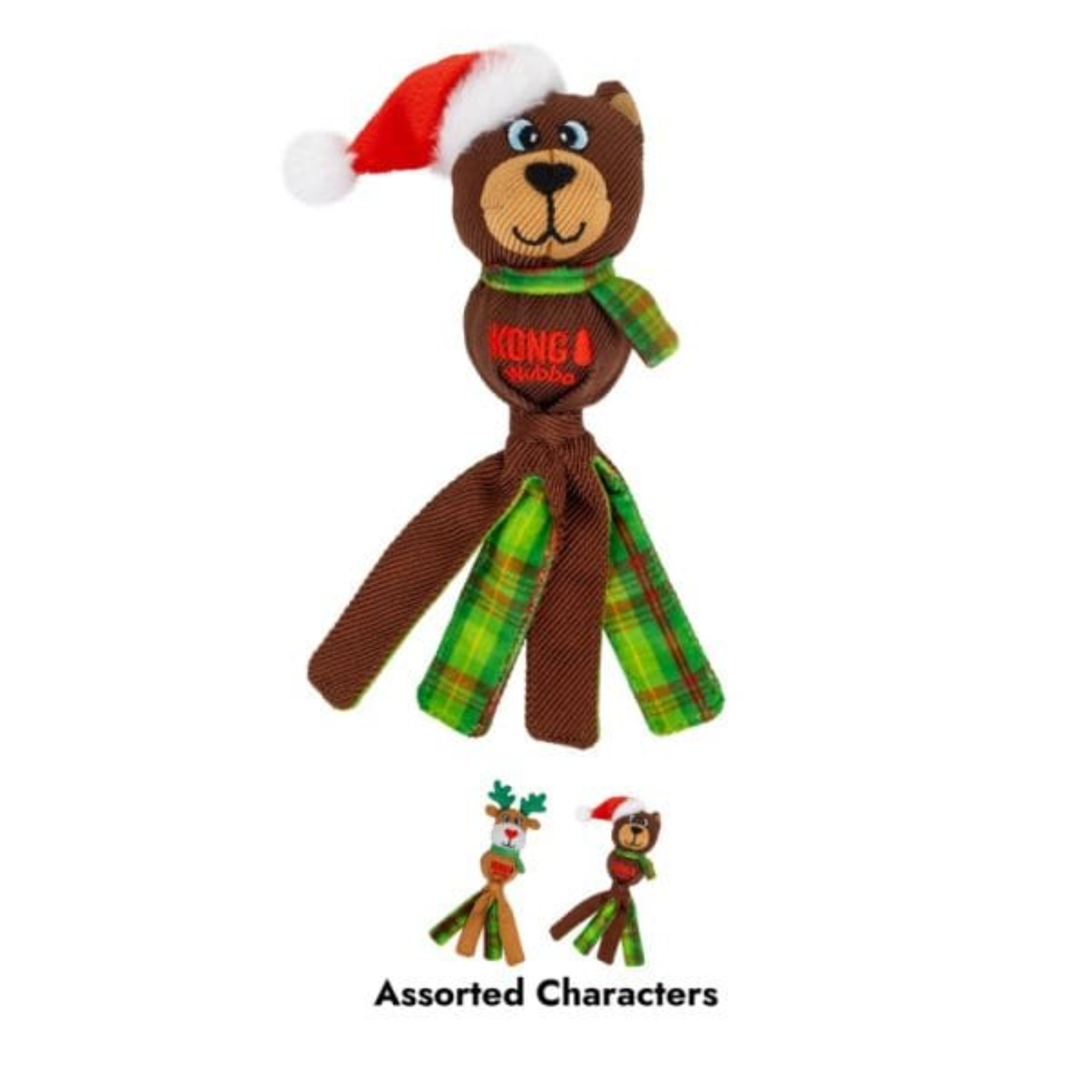 Dog toy resembling a bear with a Santa hat and green scarf on a white background