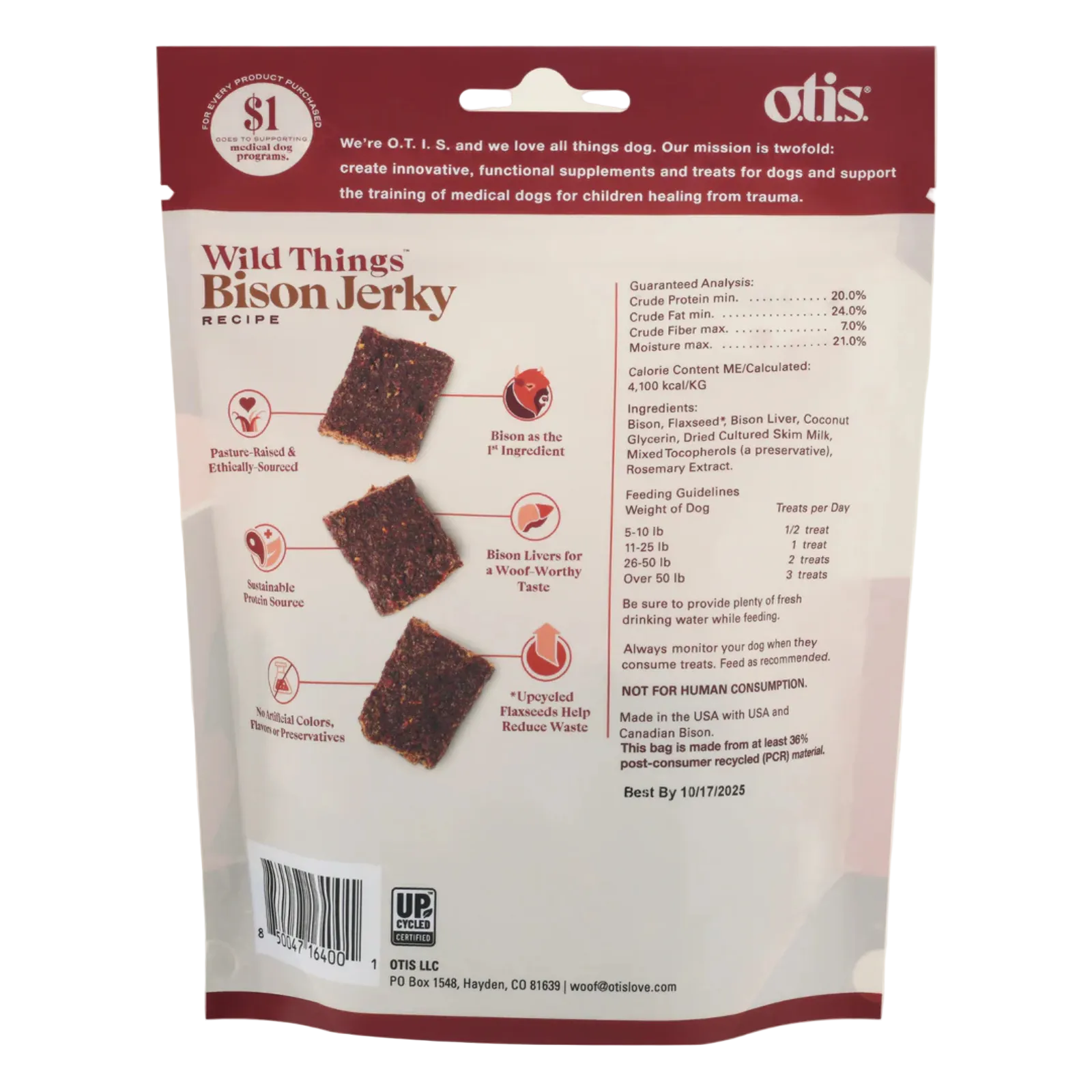 Package of Otis Wild Things Bison Jerky with text and images on a beige background
