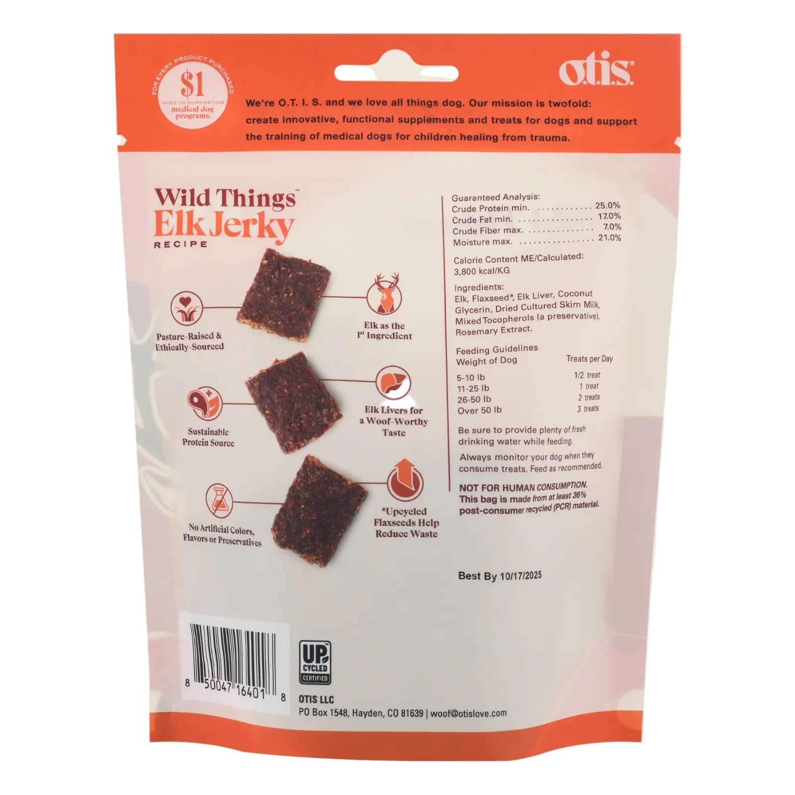 Package of Otis Wild Things Elk Jerky with branding and product details.