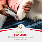 Person using a pet nail trimmer with a built-in LED light on a dog's paw.