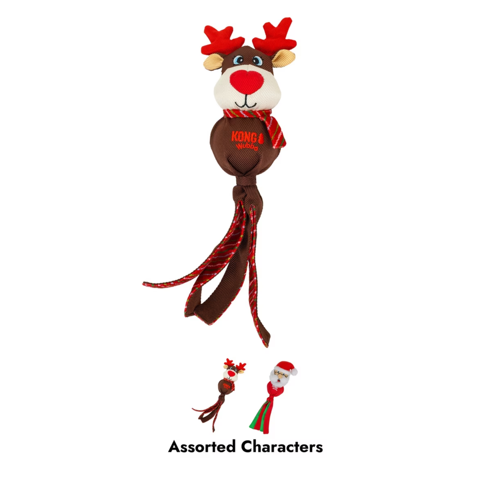 A plush dog toy shaped like a reindeer head with red antlers, a red nose, and a red-and-black patterned scarf, shown on a white background. Below the main reindeer toy are two smaller character toys and the text 'Assorted Characters.