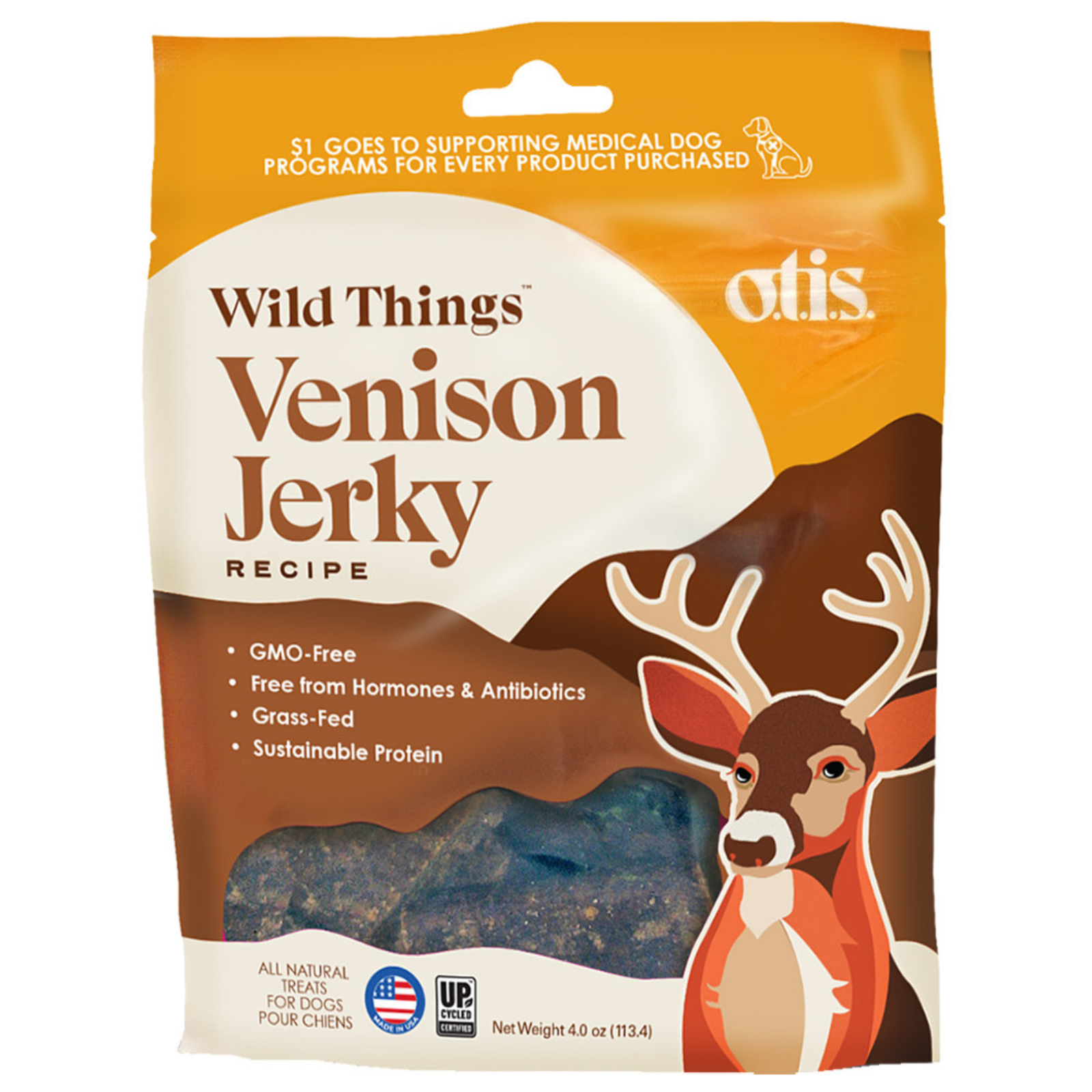 A package of Otis Wild Things Venison Jerky Recipe dog treats, featuring a cartoon deer on the front of the orange and brown bag, with a clear window showing the jerky inside.