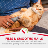 Person using a pet nail grinder on an orange cat with a product description overlay.