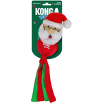 Kong Wuff dog toy shaped like a Santa Claus head with a red and green squeaker tail, attached to its green retail packaging card.