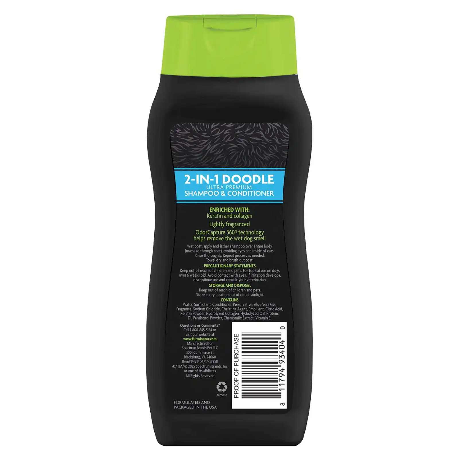 A bottle of 2-in-1 Doodle Shampoo & Conditioner on a plain white background, showing the back of the black bottle with a bright lime green cap and a blue label.