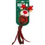 A plush dog toy shaped like a reindeer head with red antlers, a red nose, and a red-and-black patterned scarf, shown on a white background