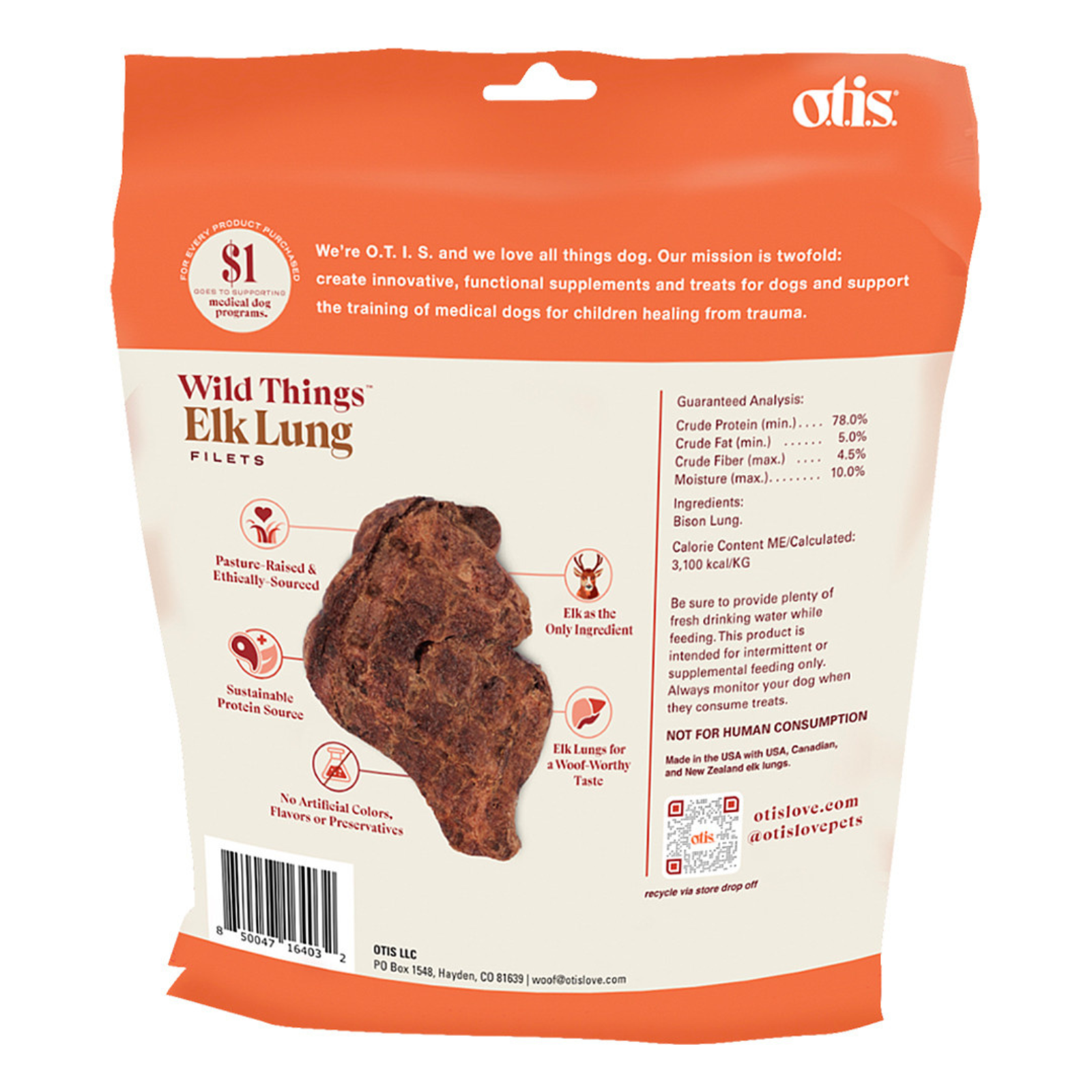 Back view of a bag of Otis Wild Things Elk Lung pet supplement, showing the back panel with product details, ingredients, and a photo of the brown meat treat inside.