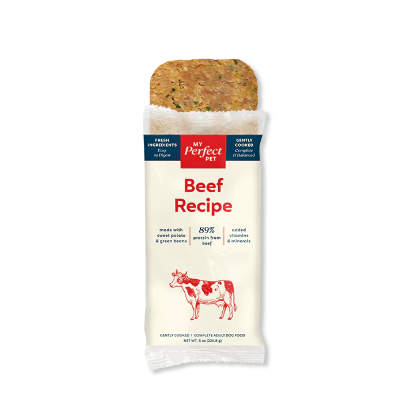 A packaged pet food bar labeled 'Beef Recipe' by The Perfect Pet, shown upright on a plain white background. The product has a beige wrapper with red and navy branding, a cow illustration near the bottom, and a brown textured food bar visible at the top.