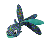 Colorful fish-shaped toy with patterned body on a white background
