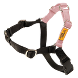 Black and pink dog harness with a visible brand label on a white background