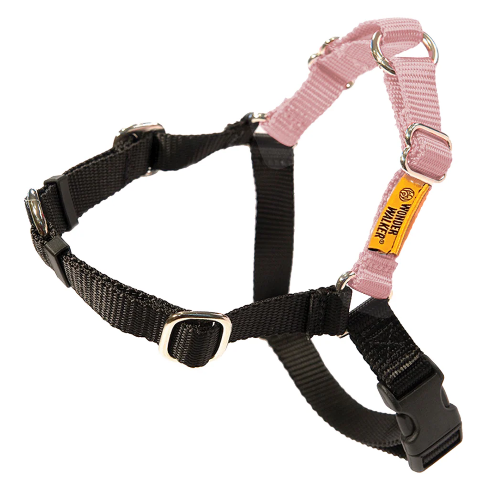 Black and pink dog harness with a visible brand label on a white background